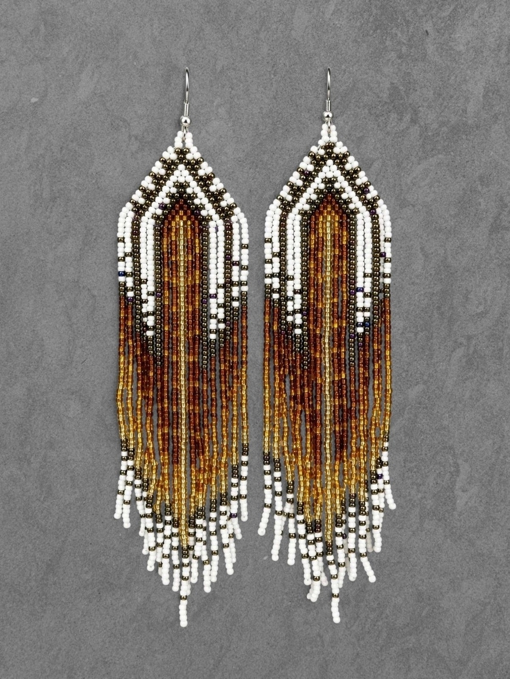 Handmade Bronze Dream Southwestern Boho Fringe Beaded Earrings - Brown White